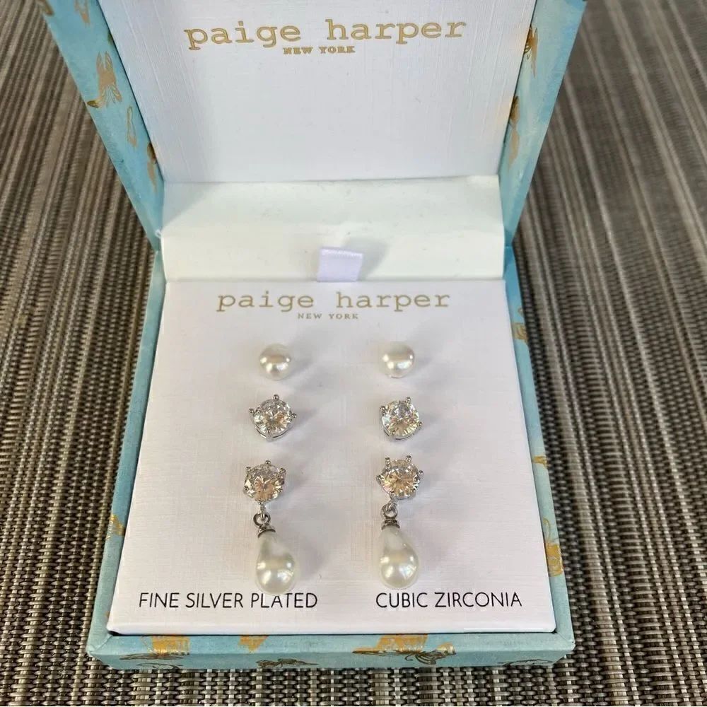 Paige Harper Set of 3 Pearl & Rhinestone Earrings. New in Box! NWT